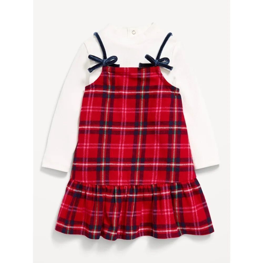 Ribbed Mock-Neck Top and Tie-Bow Ruffled Dress Set